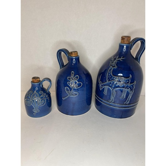 Lot Of 3 VTG Hand Made Glazed Blue Stoneware Jugs Decorative Deer Bird Floral